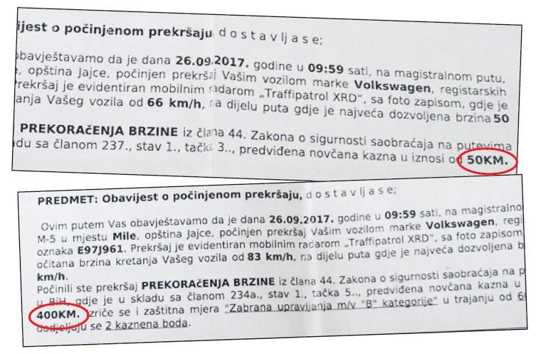 Obavijesti iz MUP-a SBK iz novembra i decembra s različitim novčanim iznosima kazne - Avaz