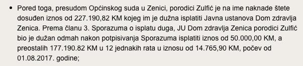 Dio „demantija“ u kojem se pojašnjava koliko je „Dom zdravlja“ dužan isplatiti Zulfićima - Avaz