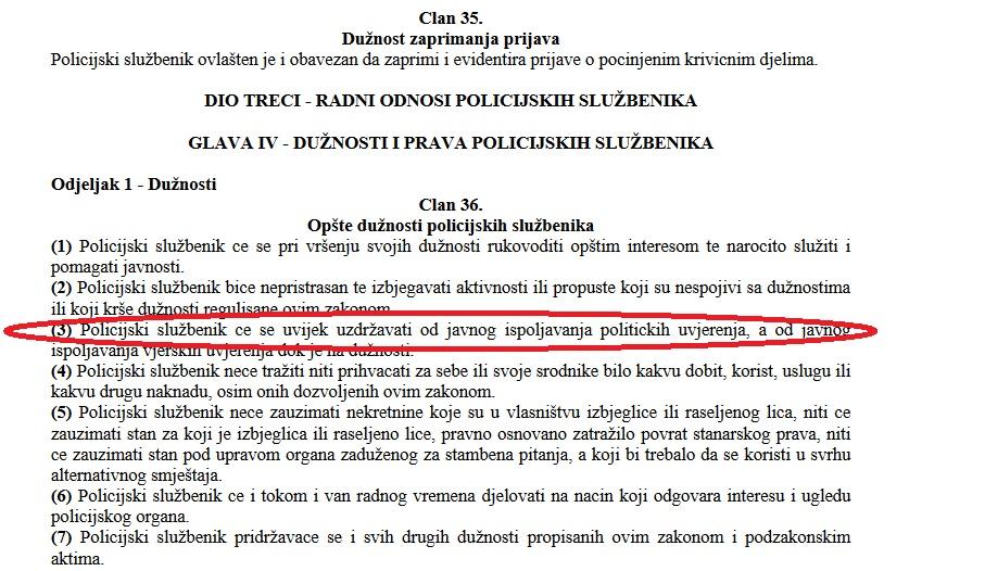 Faksimil člana 36. Zakona o policijskim službenicima BiH koji precizno pojašnjava koji je prekršaj napravio Ilić - Avaz