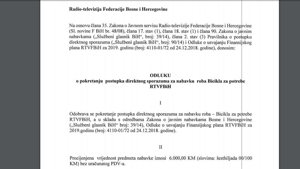 Faksimil odluke o nabavci bicikala od 28. februara - Avaz