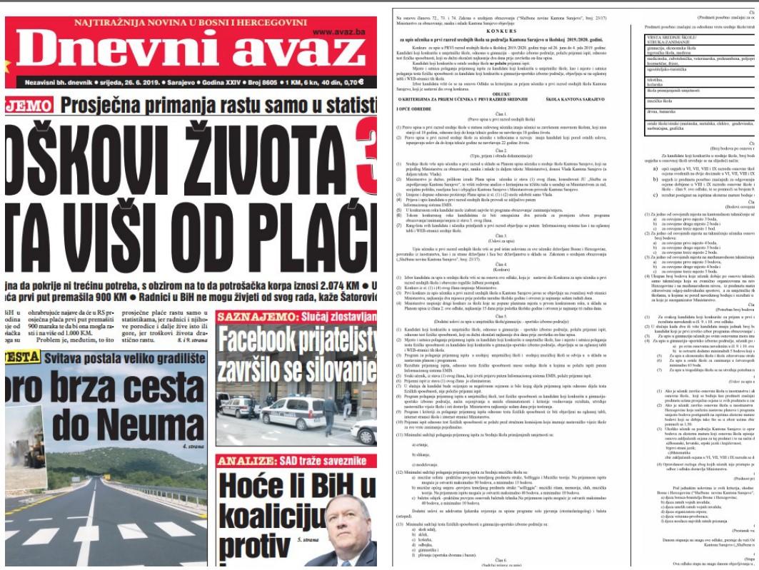 Danas u "Dnevnom avazu" konkurs za upis učenika u prvi razred srednjih škola i dva javna poziva za dodjelu stipendija