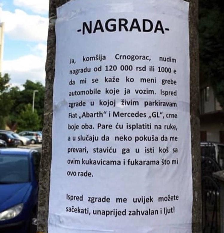 Crnogorcu grebali auto: Novčana nagrada ko prijavi počinioce