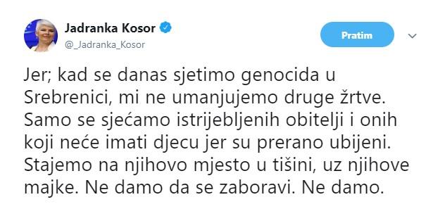 Tvit Jadranke Kosor: Ne damo da se zaboravi - Avaz