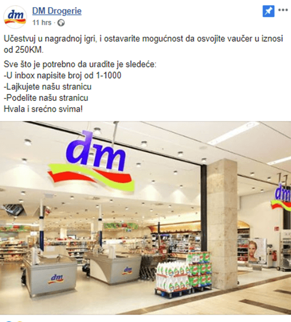 Upozorenje iz dm-a: Lažna nagradna igra na Facebooku