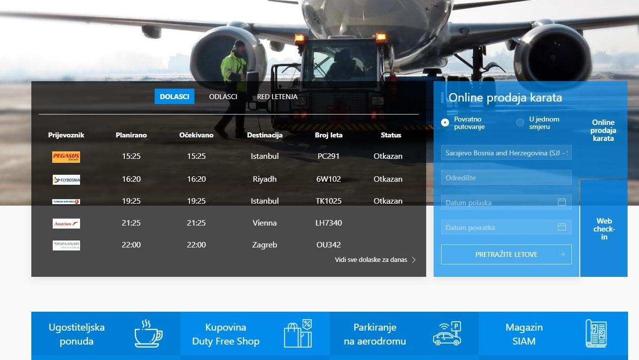 Stranica Međunarodnog aerodroma Sarajevo - Avaz