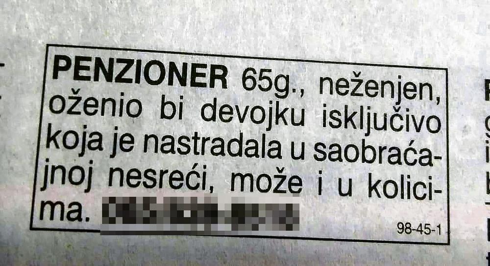 Bizaran oglas penzionera: Za brak traži djevojku nastradalu u saobraćajnoj nesreći