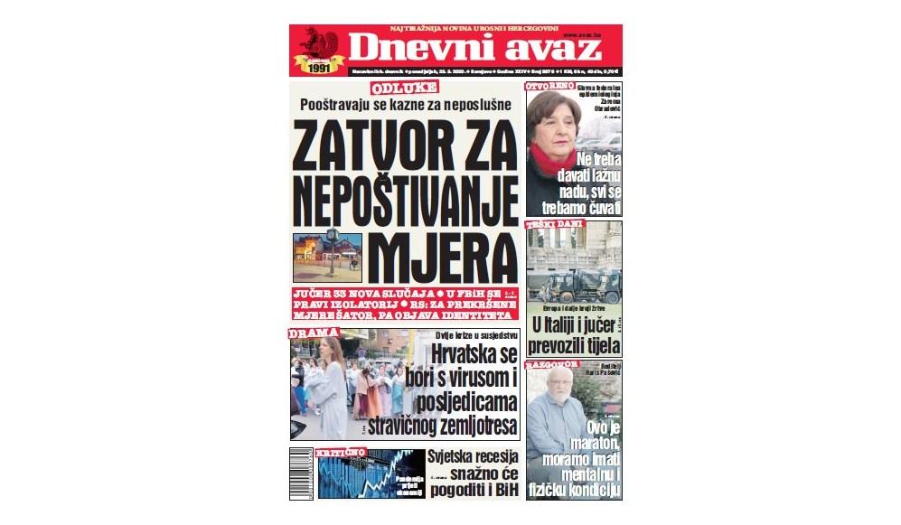 Danas u "Dnevnom avazu" čitajte: Zatvor za nepoštivanje mjera