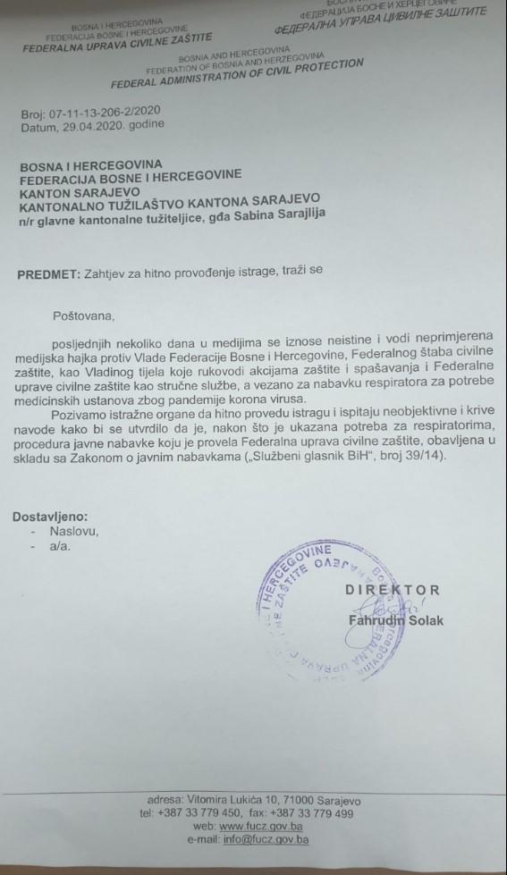 Pismo upućeno i kantonalnoj tužiteljici - Avaz