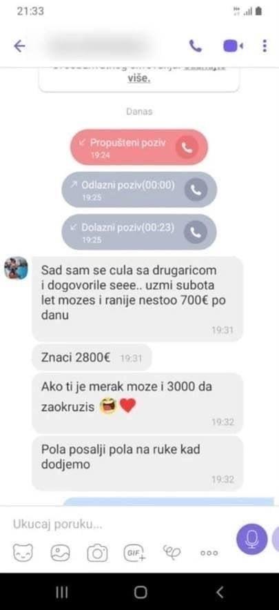 Poruke koje je putem Vibera proslijedila klijentu - Avaz