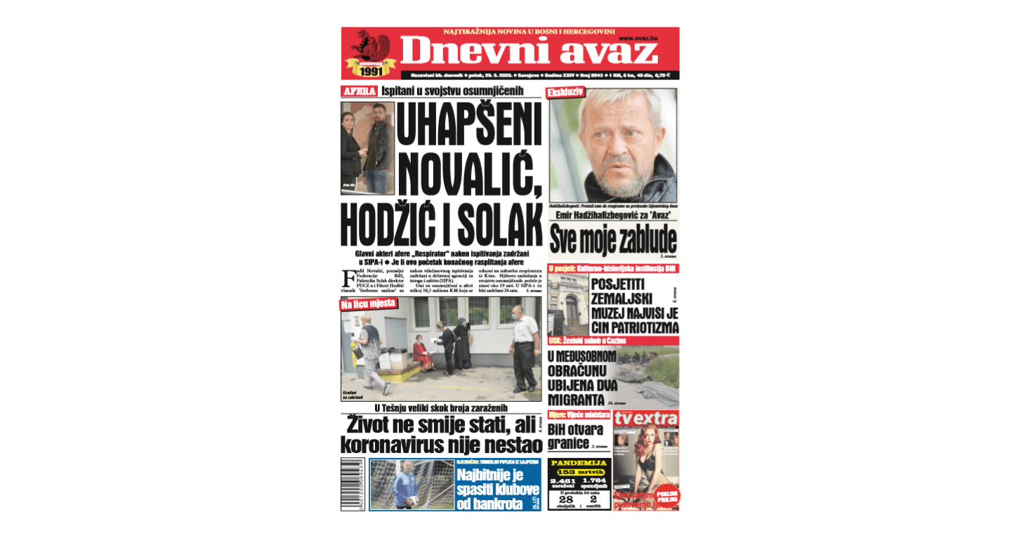 Danas u "Dnevnom avazu" čitajte: Uhapšeni Novalić, Hodžić i Solak