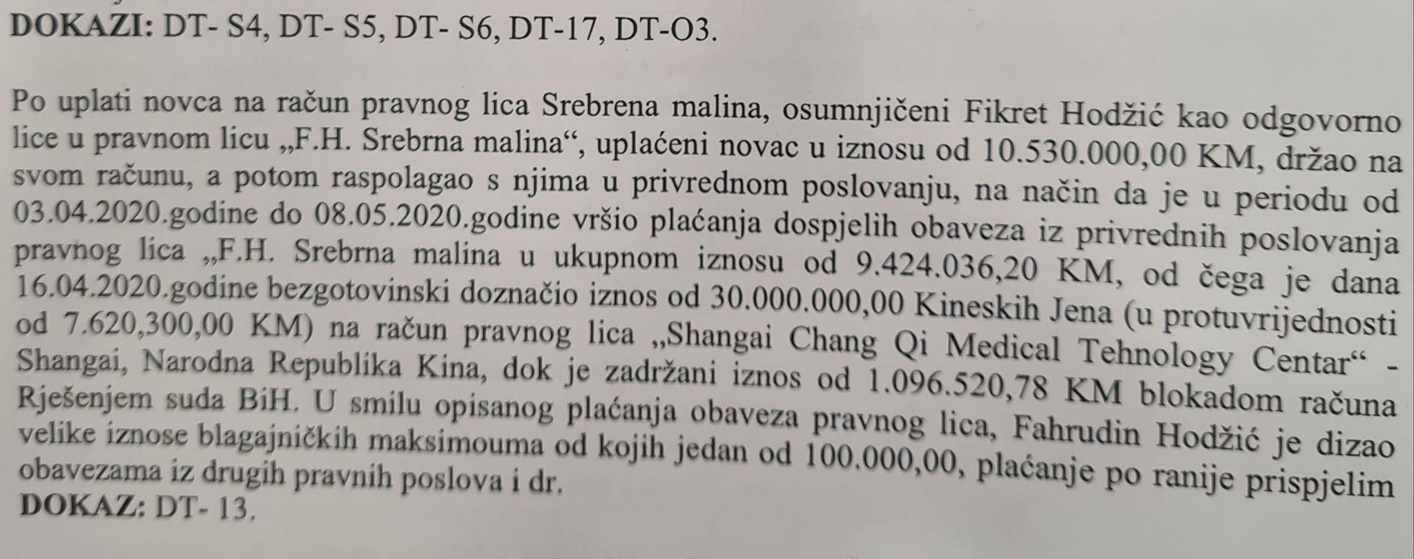 Faksimil Tužilaštva BiH o sredstvima „Srebrene maline“ - Avaz