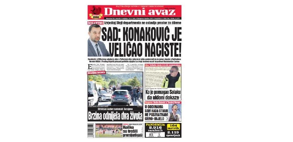 Danas u "Dnevnom avazu" čitajte: SAD: Konaković je veličao naciste!