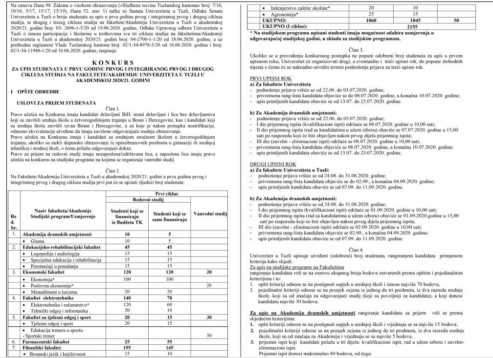Univerzitet u Tuzli objavio konkurse za upis studenata u akademsku 2020./2021. godinu
