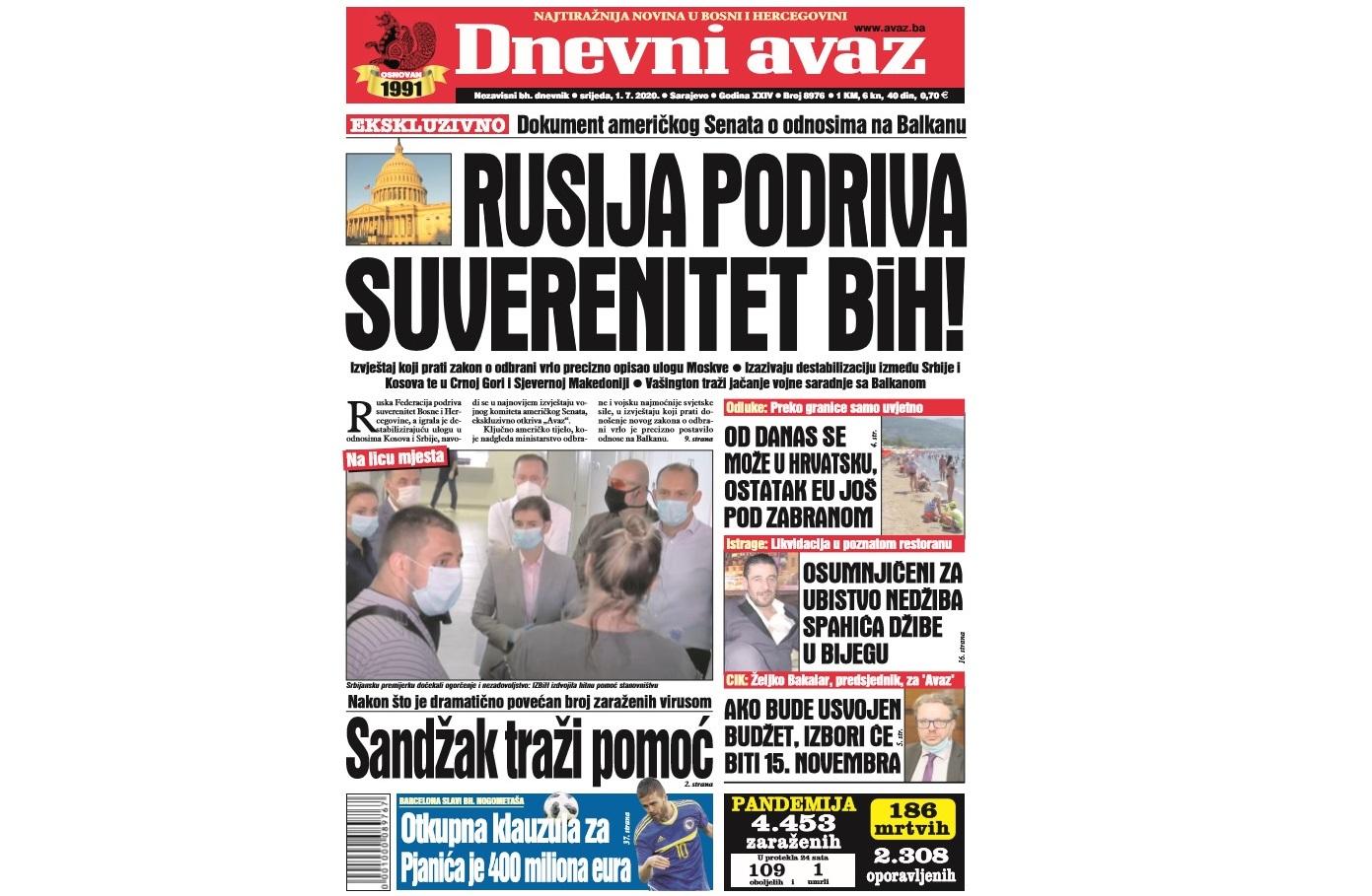 Danas u "Dnevnom avazu" čitajte: Rusija podriva suverenitet BiH!