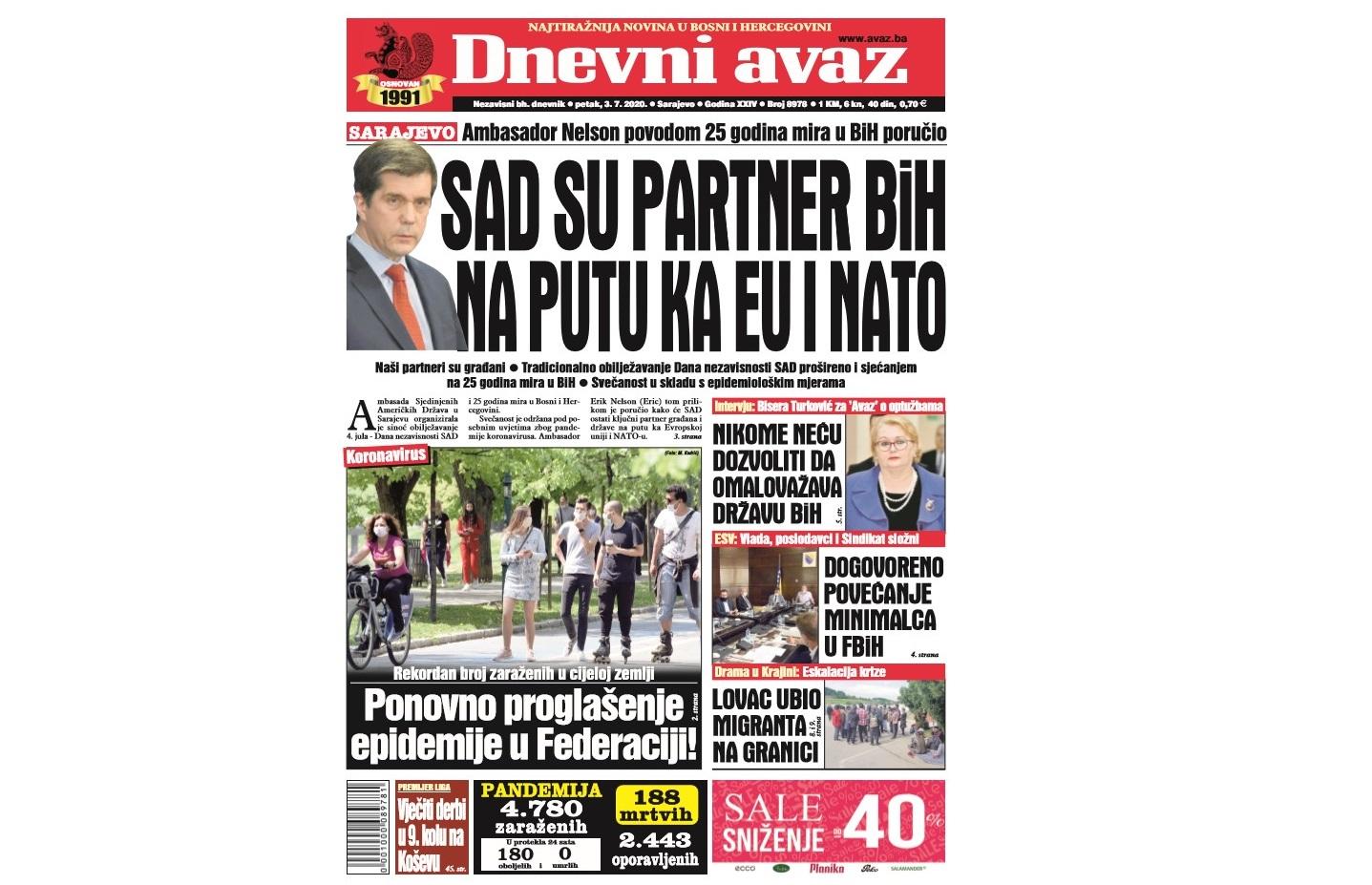 Danas u "Dnevnom avazu" čitajte: SAD su partneri BiH na putu ka EU i NATO