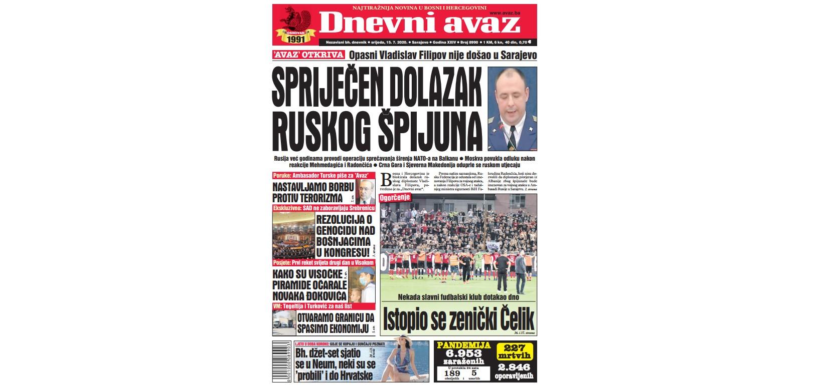 Danas u "Dnevnom avazu" čitajte: Spriječen dolazak ruskog špijuna