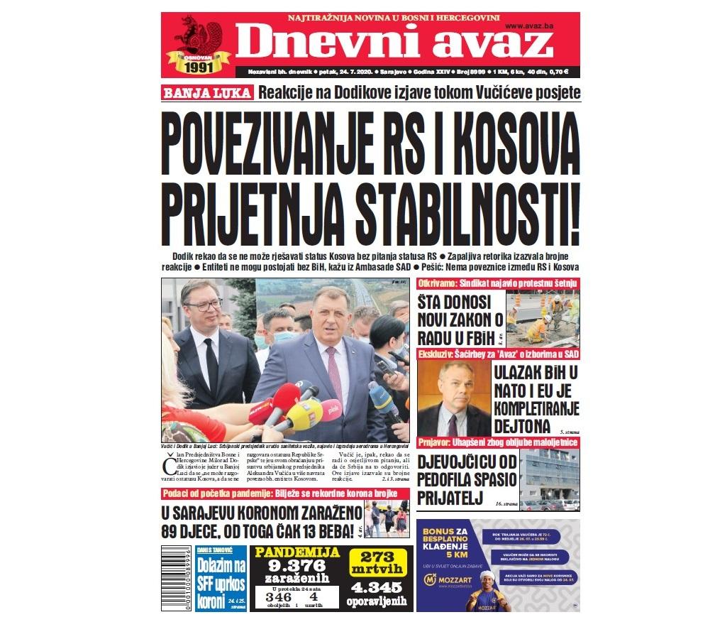 Danas u "Dnevnom avazu" čitajte: Povezivanje RS i Kosova prijetnja je stabilnosti!