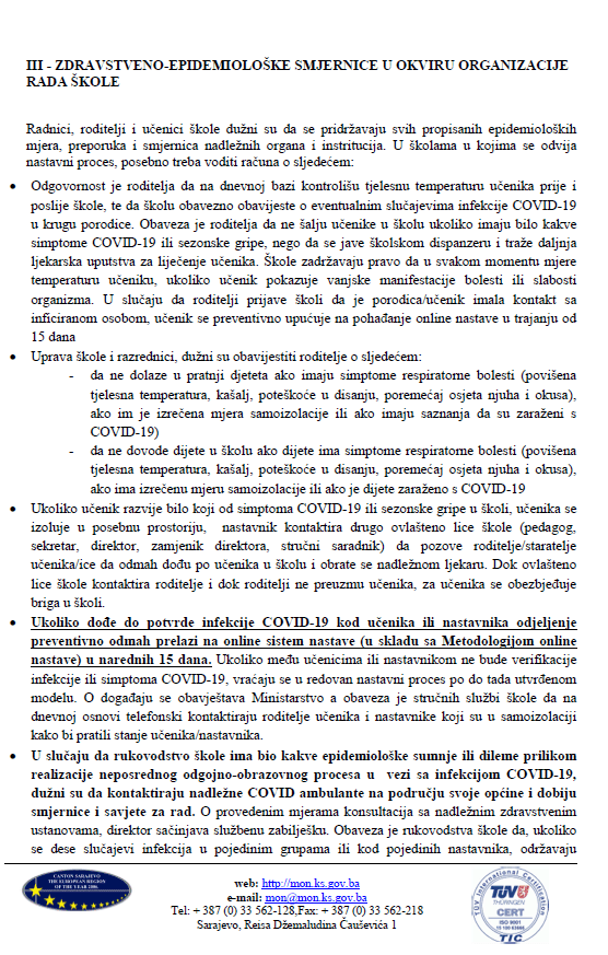 Uputstvo o organizaciji i realizaciji odgojno-obrazovnog rada u osnovnim i srednjim školama na području KS u školskoj 2020/2021. godini - Avaz