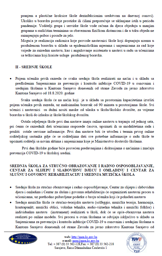 Uputstvo o organizaciji i realizaciji odgojno-obrazovnog rada u osnovnim i srednjim školama na području KS u školskoj 2020/2021. godini - Avaz