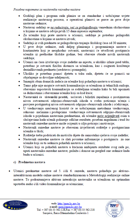 Uputstvo o organizaciji i realizaciji odgojno-obrazovnog rada u osnovnim i srednjim školama na području KS u školskoj 2020/2021. godini - Avaz