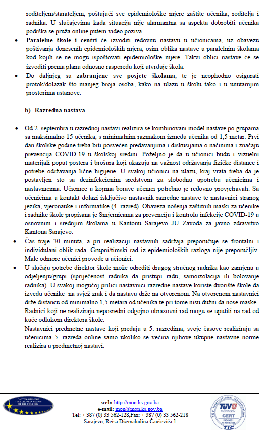 Uputstvo o organizaciji i realizaciji odgojno-obrazovnog rada u osnovnim i srednjim školama na području KS u školskoj 2020/2021. godini - Avaz