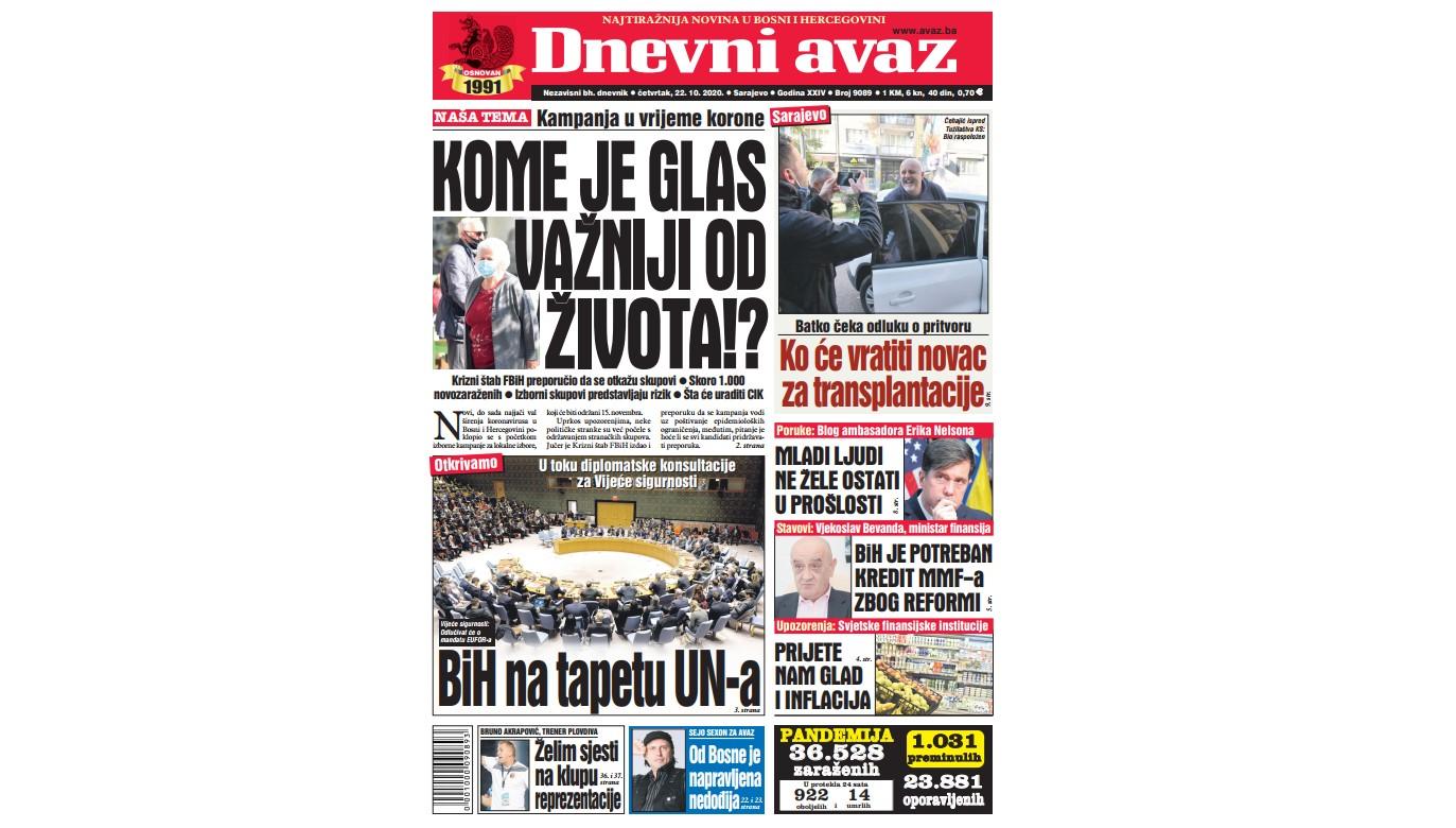 Danas u "Dnevnom avazu" čitajte: Kome je glas važniji od života!?