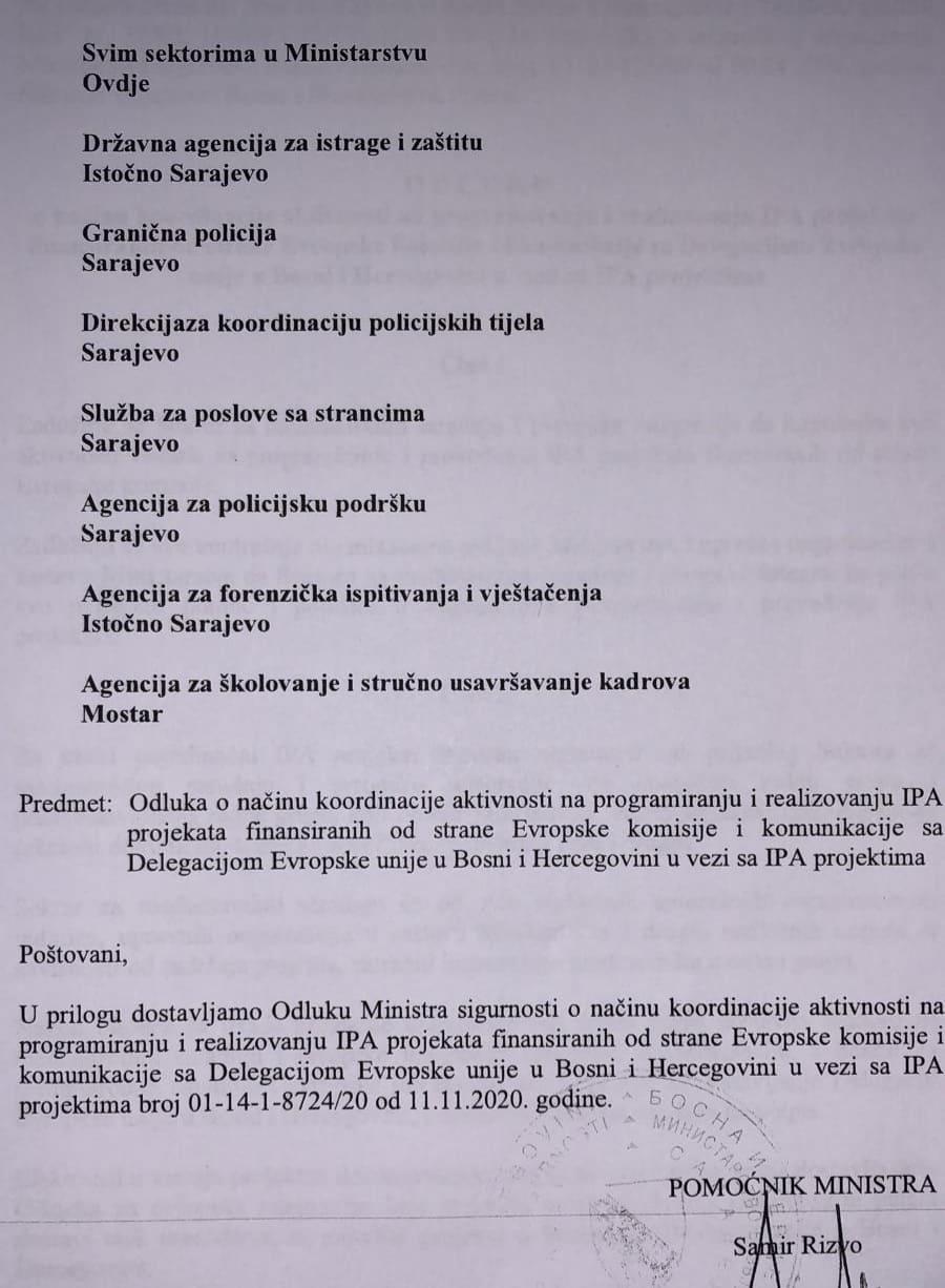 Faksimil dopisa koji Rizvo šalje SIPA-i, Graničnoj policiji i svim ostalim agencijama - Avaz