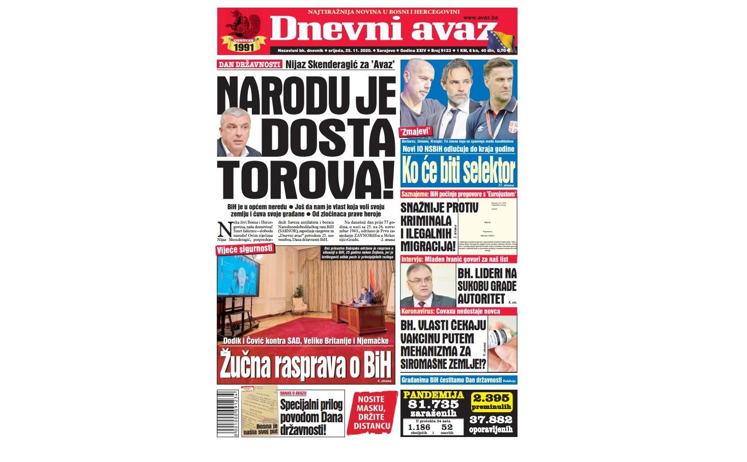 Danas u "Dnevnom avazu" čitajte: Narodu je dosta torova