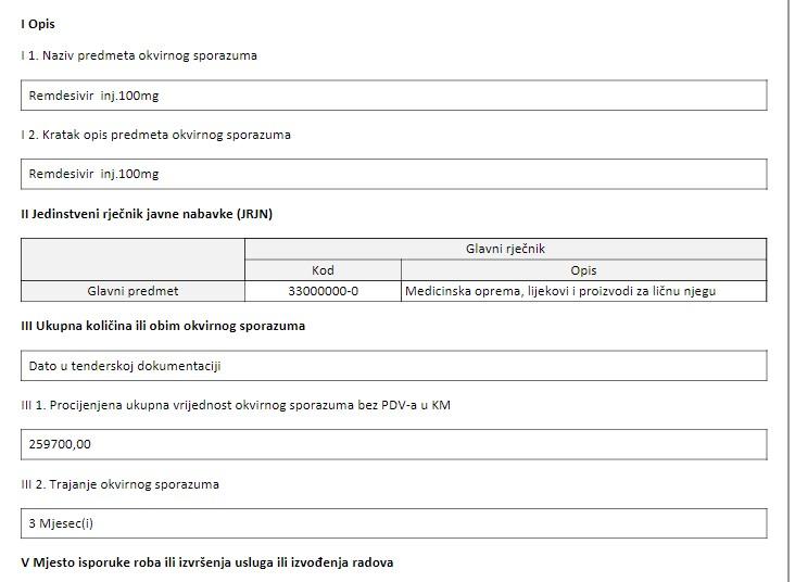 KCUS tender transcript for "remdesivir": Procurement value 259,700 KM - Avaz