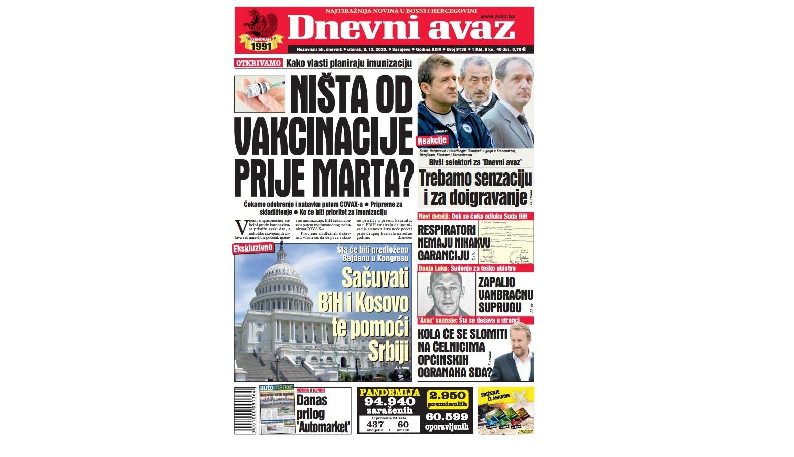 Danas u "Dnevnom avazu" čitajte: Ništa od vakcinacije prije marta?