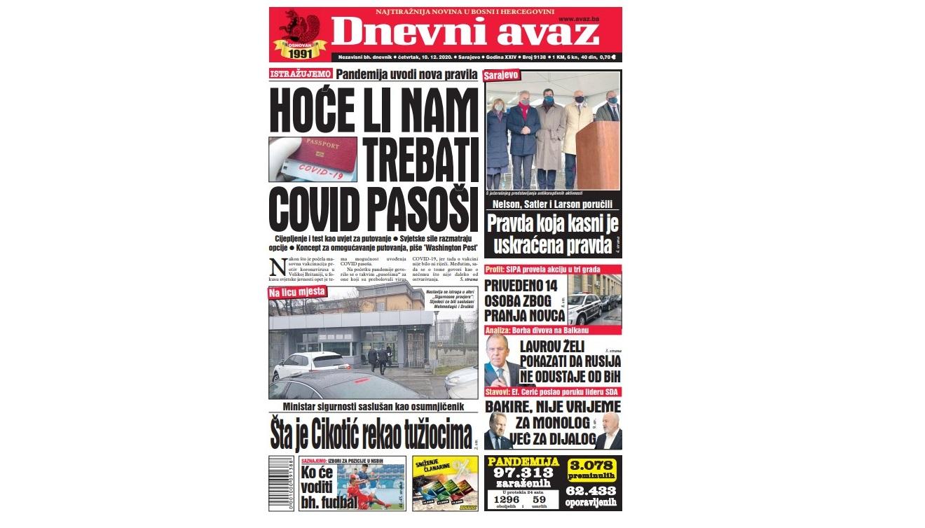 Danas u "Dnevnom avazu" čitajte: Hoće li nam trebati COVID pasoši