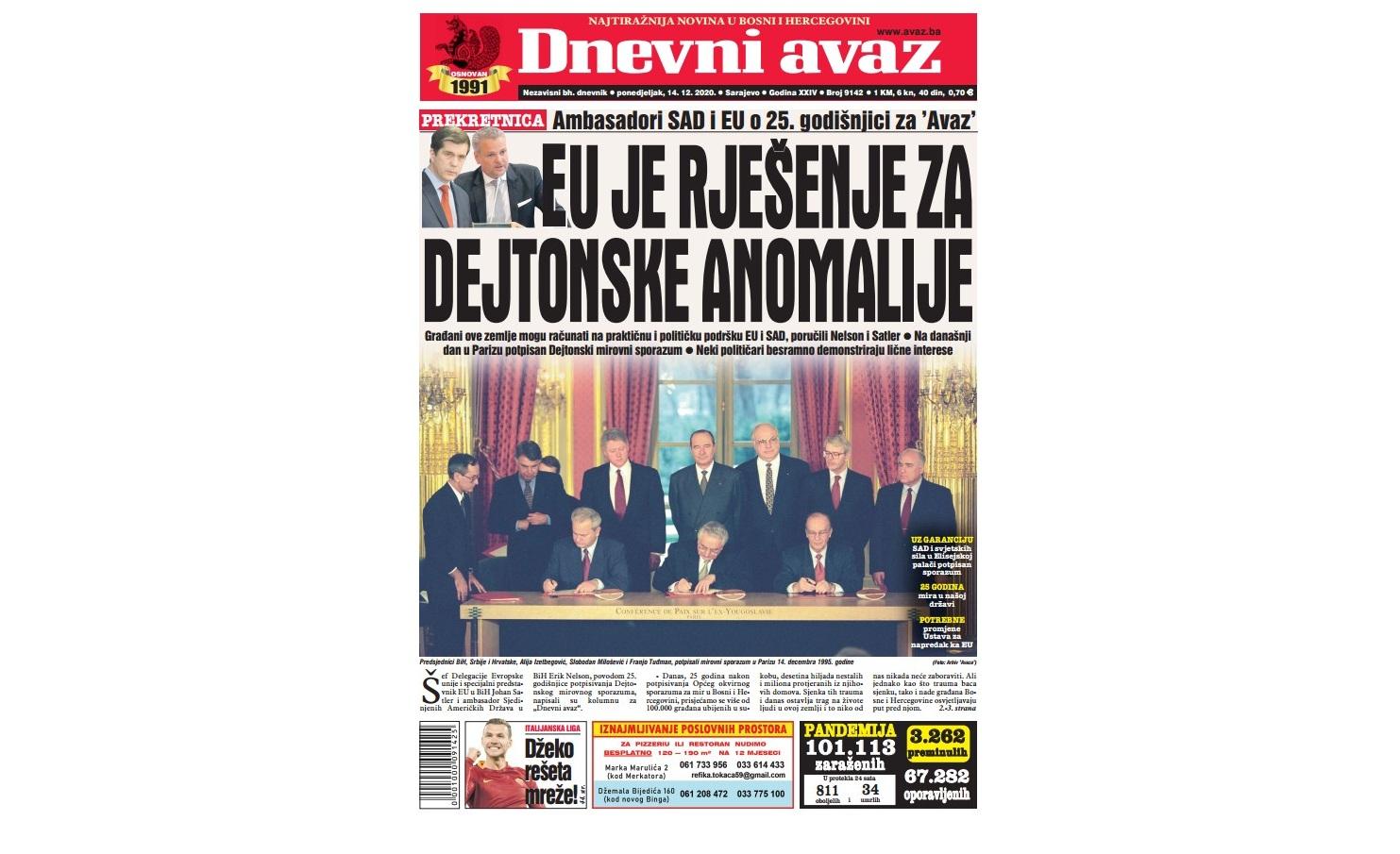 Danas u "Dnevnom avazu" čitajte: EU je rješenje za dejtonske anomalije