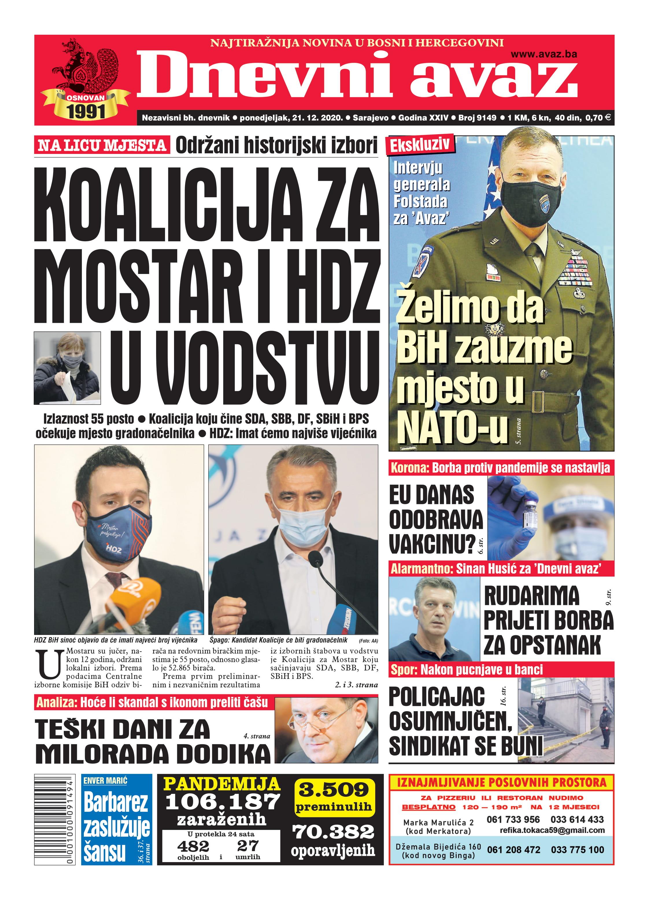 Današnja naslovnica Dnevnog avaza - Avaz