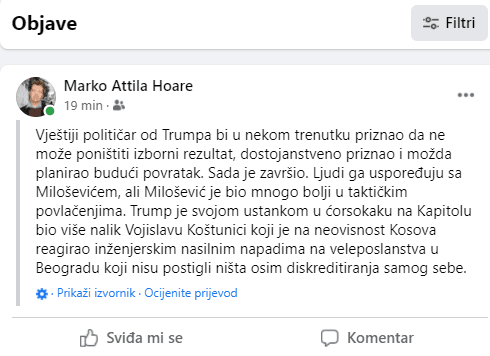 Printscreen objave na Facebooku - Avaz