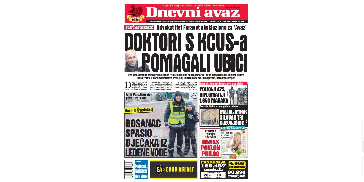 Danas u "Dnevnom avazu" čitajte: Doktori s KCUS-a pomagali ubici