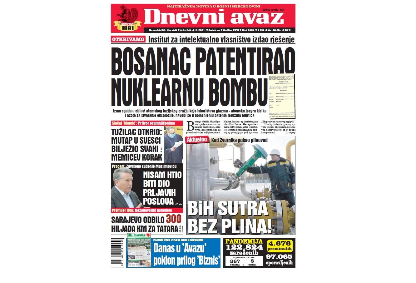 Danas u "Dnevnom avazu" čitajte: Bosanac patentirao nuklearnu bombu