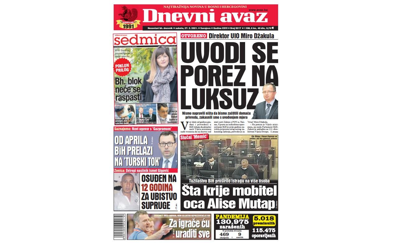 Danas u "Dnevnom avazu" čitajte: Uvodi se porez na luksuz