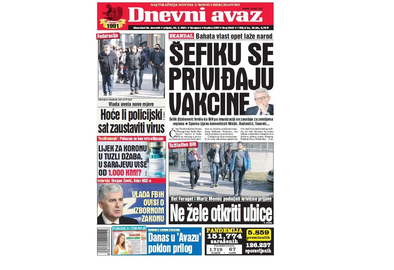 Danas u "Dnevnom avazu" čitajte: Šefiku se priviđaju vakcine