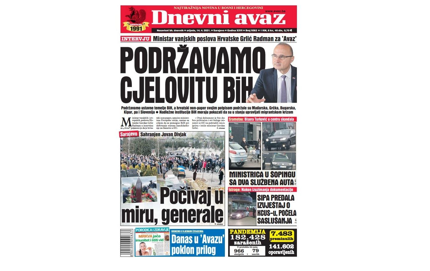 Danas u "Dnevnom avazu" čitajte: Podržavamo cjelovitu BiH