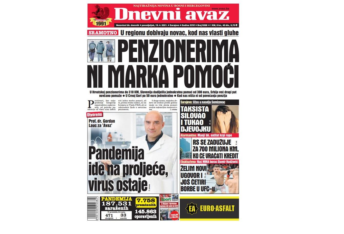 Danas u "Dnevnom avazu" čitajte: Penzionerima ni marka pomoći