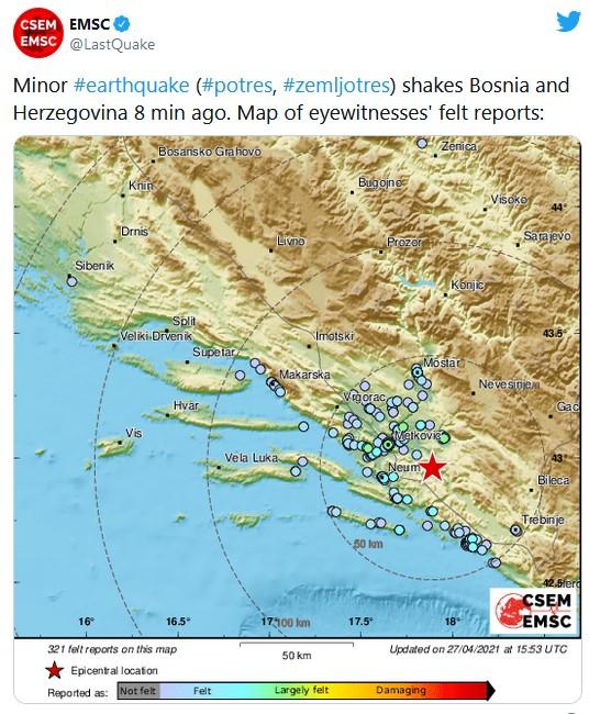 EMSC: Zemljotres u 17.45 sati - Avaz