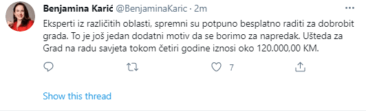 Objava Benjamine Karić na Twitteru - Avaz