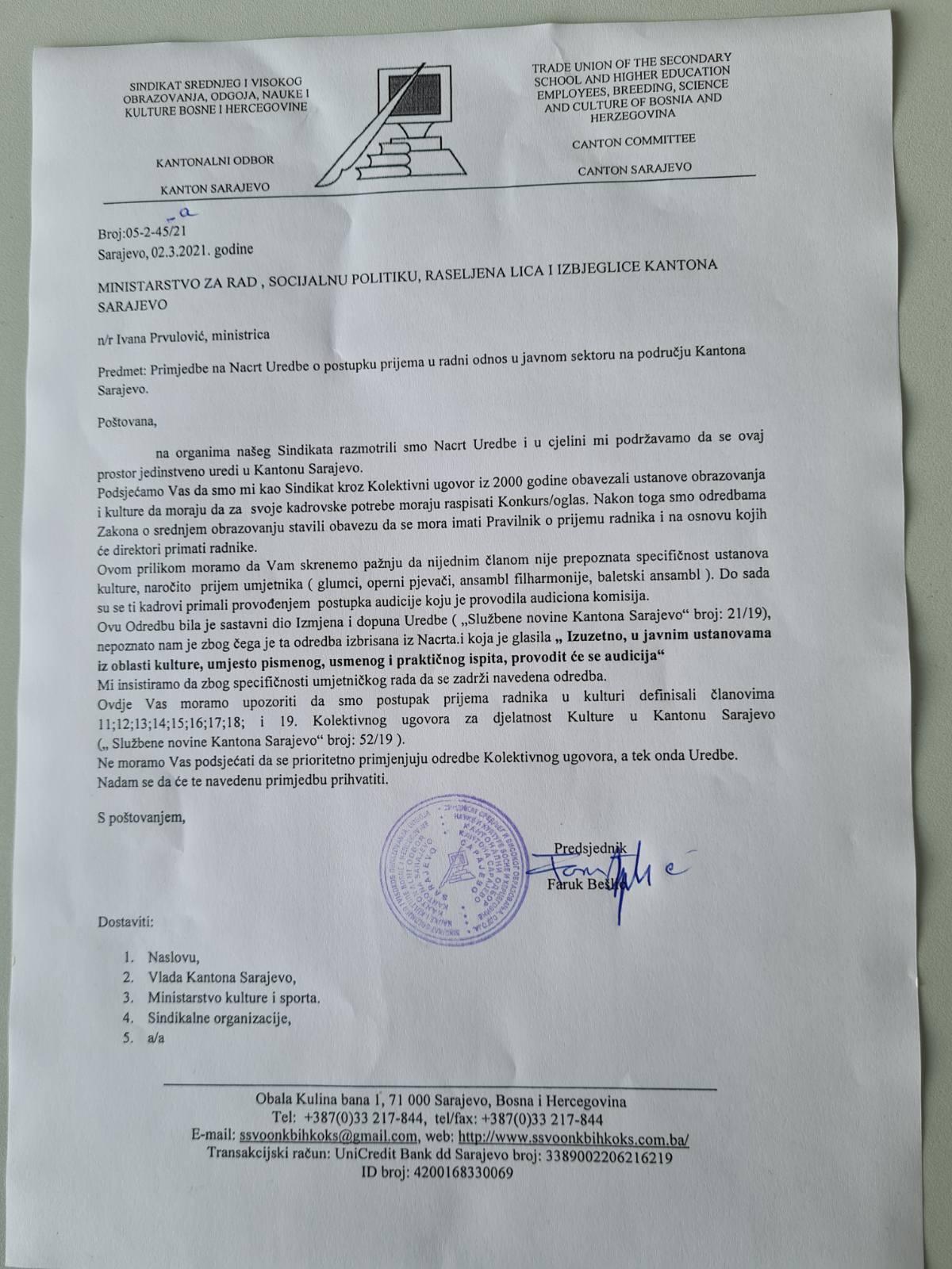 Dopis koji je Sindikat poslao u martu ministrici Prvulović - Avaz