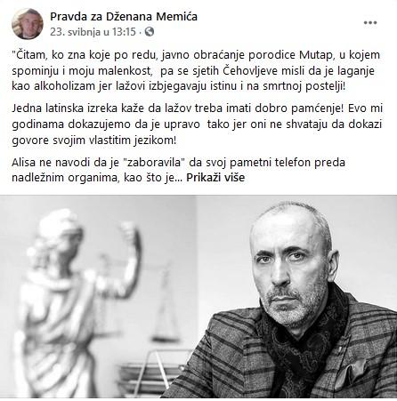 Feragetov status na stranici "Pravda za Dženana Memića" - Avaz