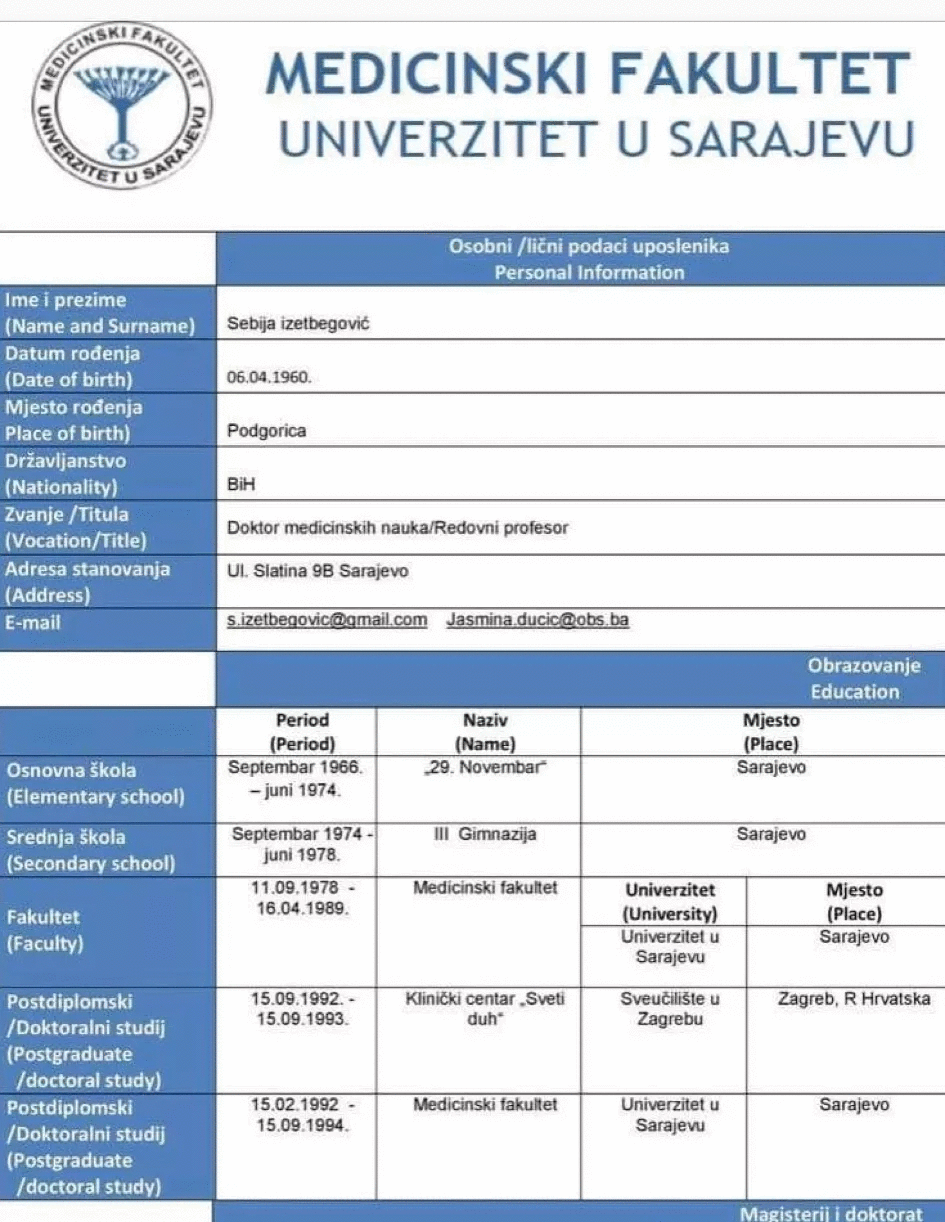 Faksimil Medicinskog fakulteta u Sarajevu iz  kojeg se vidi da  je Sebija studirala 11 godina - Avaz