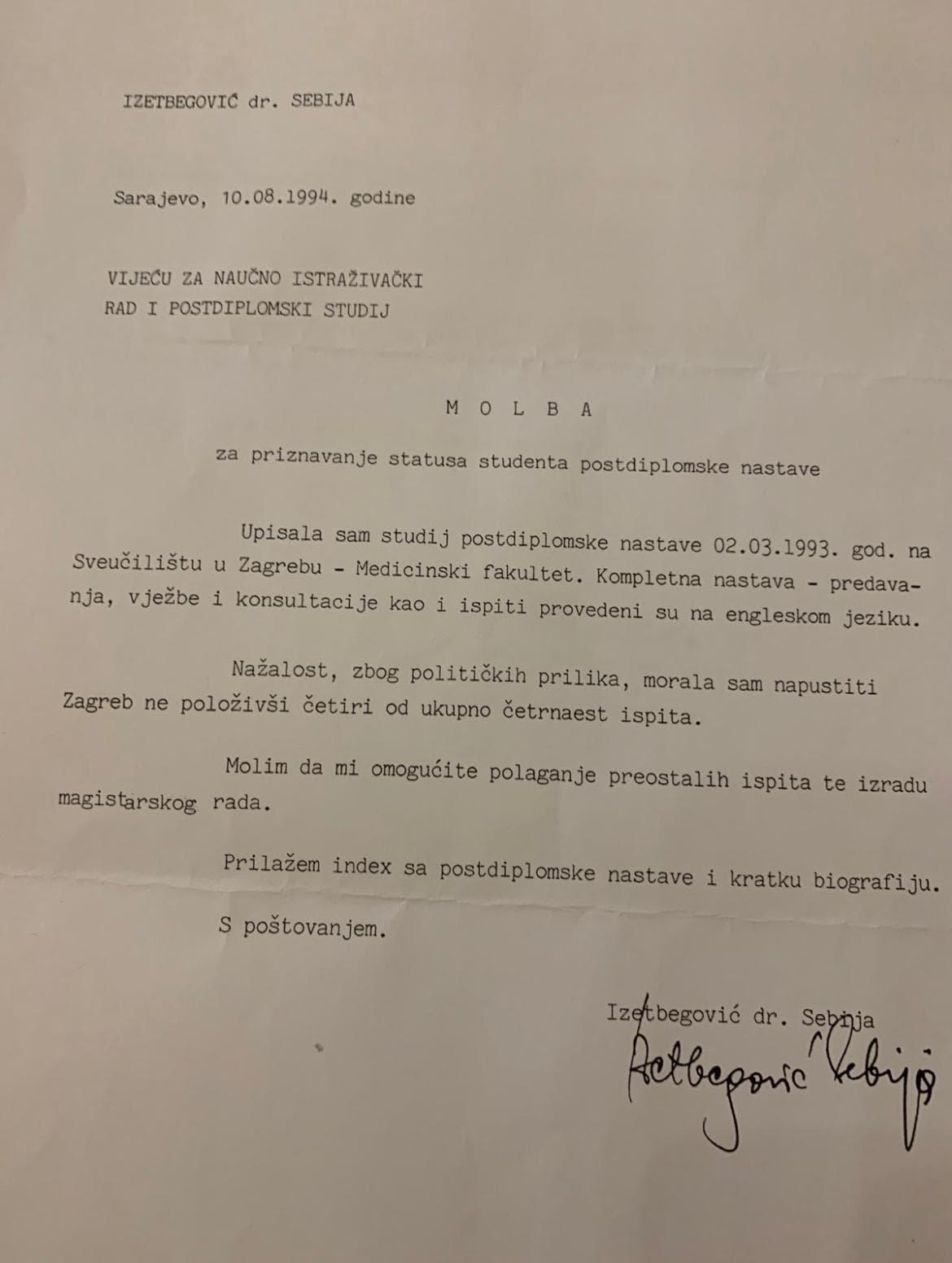 Faksimil molbe koju je Sebija uputila Vijeću za naučnoistraživački rad i postdiplomski studij u kojoj tvrdi da je deset ispita položila i traži da joj se omogući polaganje preostala četiri ispita - Avaz