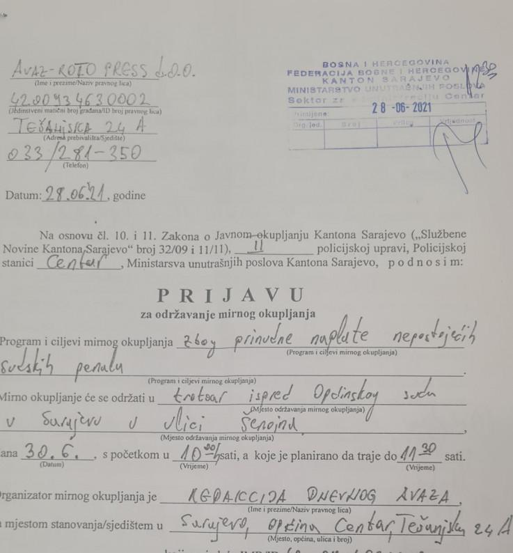 Facsimile of the report to the Center police administration, which was duly recorded - Avaz