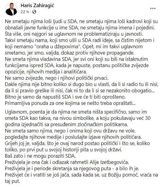 Objava Zahiragića na Facebooku - Avaz