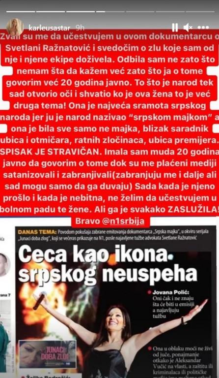 Objava Karleuše na Instagramu - Avaz