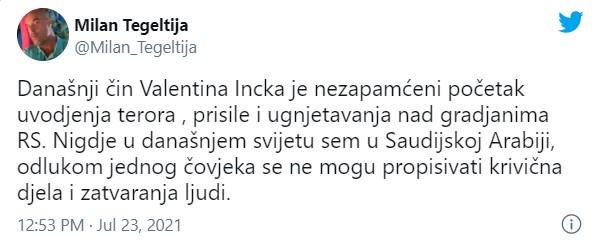 Twitt MIlana Tegeltije - Avaz